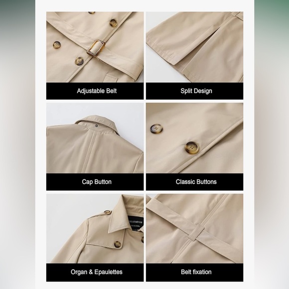 Creatmo Trench Coat Double-Breasted Classic Lapel Belted Outerwear Hooded Rain - Picture 3 of 9